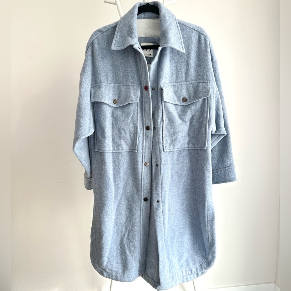 Like New Zara Oversized Light Blue Wool Blend Shirt Coat